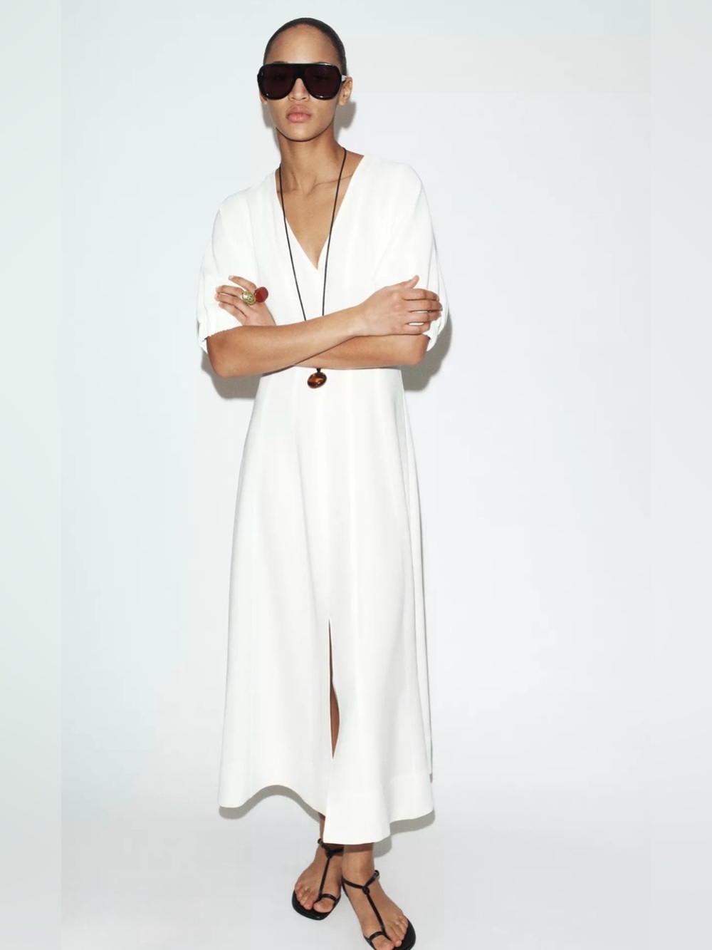ZARA BALLOON SLEEVE MIDI DRESS in White XS NWT